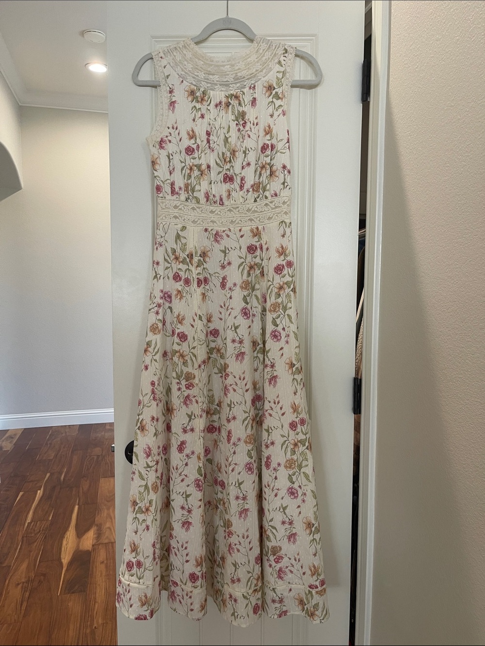 Cream Floral Lace-Trim Maxi Dress with Pink & Green Print